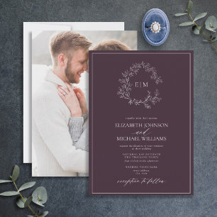 PflaumenLila Wappen Monogram Foto Hochzeit Einladung