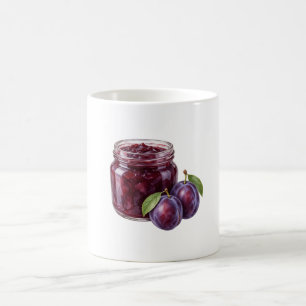 Pflaumenmarmeladenglas und reife Pflaumen Kaffeetasse