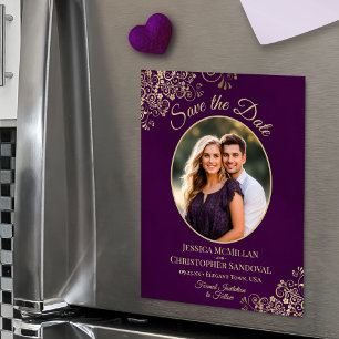 Pflaumenpurpur & Gold Hochzeit Termin Oval Foto Magneteinladung