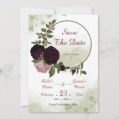 Pflaumenrosa Blume Grüne Blätter botanischer Kranz Save The Date (Vorderseite)