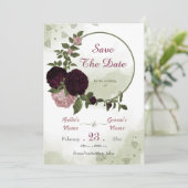Pflaumenrosa Blume Grüne Blätter botanischer Kranz Save The Date (Stehend Vorderseite)