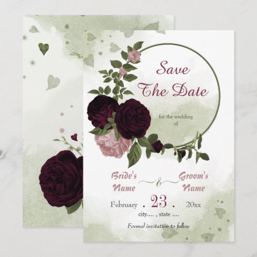 Pflaumenrosa Blume Grüne Blätter botanischer Kranz Save The Date (Vorne/Hinten)