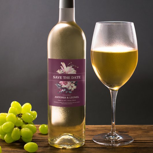 Pflaumenrosa Blumenzehen Speichern Sie das Datum Weinetikett