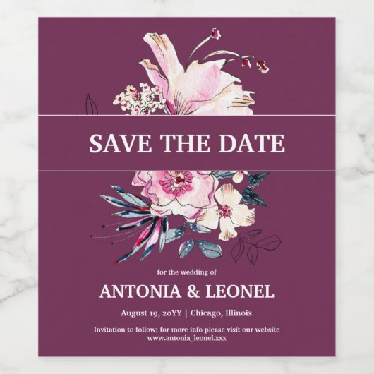 Pflaumenrosa Blumenzehen Speichern Sie das Datum Weinetikett (Einzelnes Label)