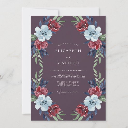 Pflaumenrote Blätterhochzeit Einladung (Vorderseite)