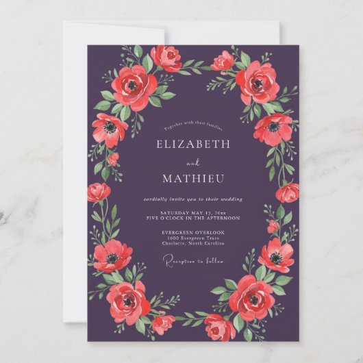 Pflaumenrote Mohn-Hochzeit Einladung (Vorderseite)
