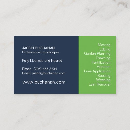 Pflege und Gartenarbeit für blaue und grüne Rasenf Visitenkarte (Rückseite)