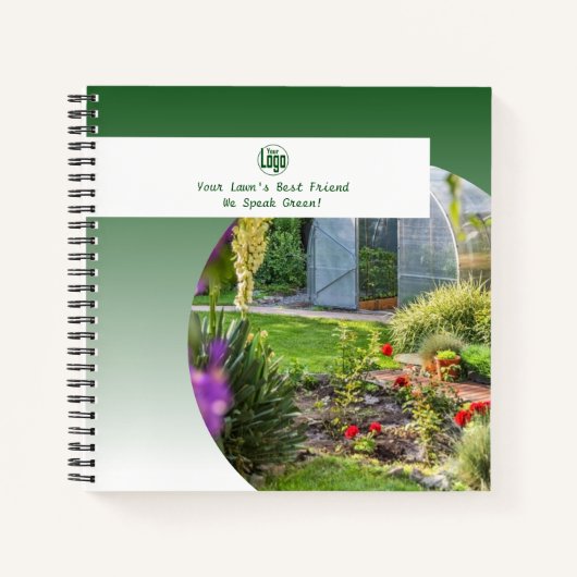 Pflege von Werbebildern mit grünem Rasenmäher Notizblock (Vorderseite)