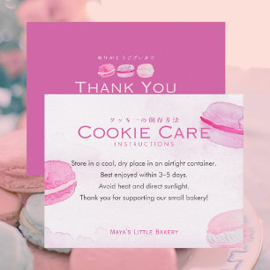 Pflegehinweise für rosa Wasserfarben-Macarons-Keks Dankeskarte