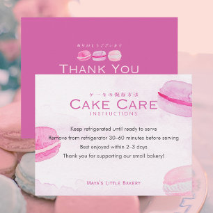 Pflegehinweise für rosa Wasserfarben-Macarons-Tort Dankeskarte