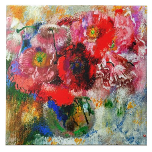 Pflöten auf grauem Hintergrund, Blumenmalerei Fliese (Vorderseite)