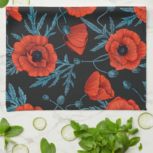 Pflücke, rot und blau auf schwarz geschirrtuch (Gefaltet)