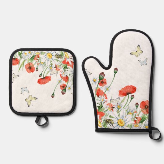 Pflücke, Wildblumen und Schmetterlinge Ofenhandschuh & Topflappen-Set (Vorderseite)