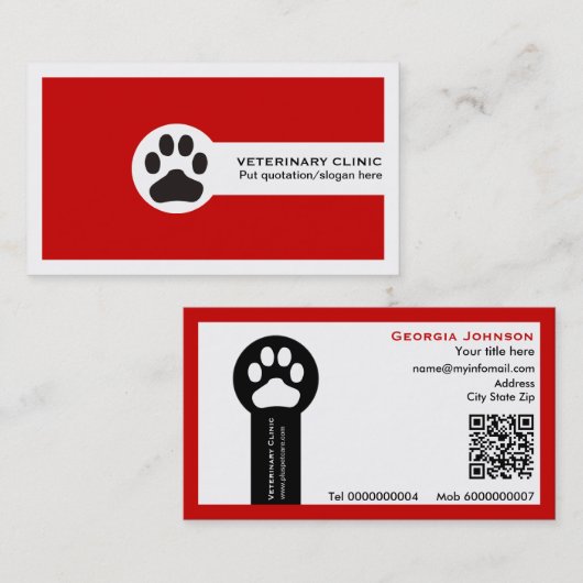 Pfote und QR-Code rote Vet-/Tierklinik Visitenkarte (Vorne/Hinten)