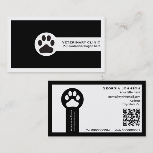 Pfote und QR-Code schwarze Tierarztpraxis/Tierklin Visitenkarte (Vorne/Hinten)