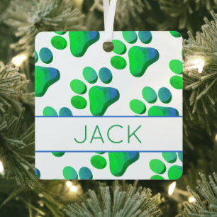 Pfotenabdrücke Grün Blau Haustier NAME Hund Katze  Ornament Aus Metall