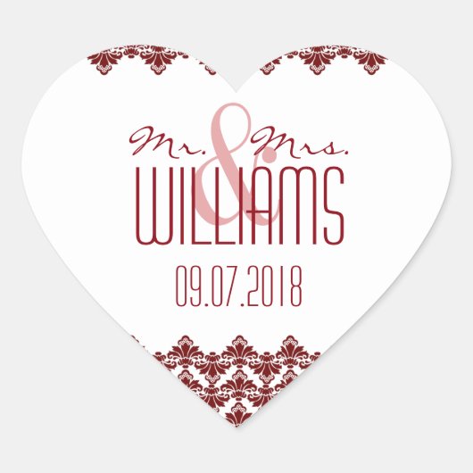 PH&D Wedding Heart Sticker Burgundy 2 Damask (Vorderseite)