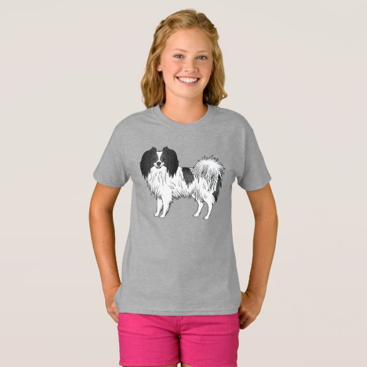 Phalène-Hund in Schwarz-Weiß-Coat-Farbe Zeichnend T-Shirt (Vorne ganz)