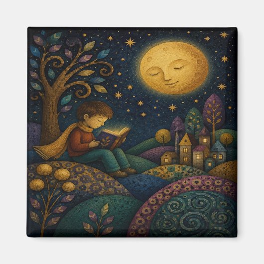 PHANTASIEVOLLER JUNGE LESEND UNTER DEM MOND MAGNET (Vorne)