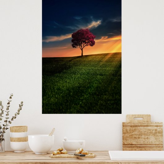 Phantastische Landschaft mit Rotem Baum bei Sonnen Poster (Küche)