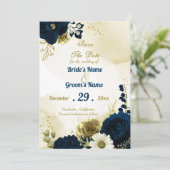 Phantastische marineblaue Elfenbein-Blume Gold Save The Date (Stehend Vorderseite)