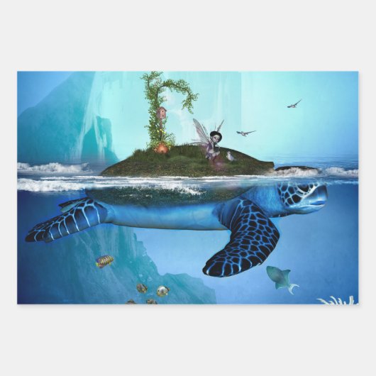 Phantastische Schildkröte mit Feen und Vögeln Geschenkpapier Set (Vorderseite 2)
