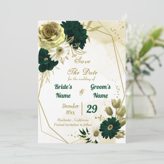 Phantastische smaragdgrüne Elfenbeingold Blume geo Save The Date (Stehend Vorderseite)