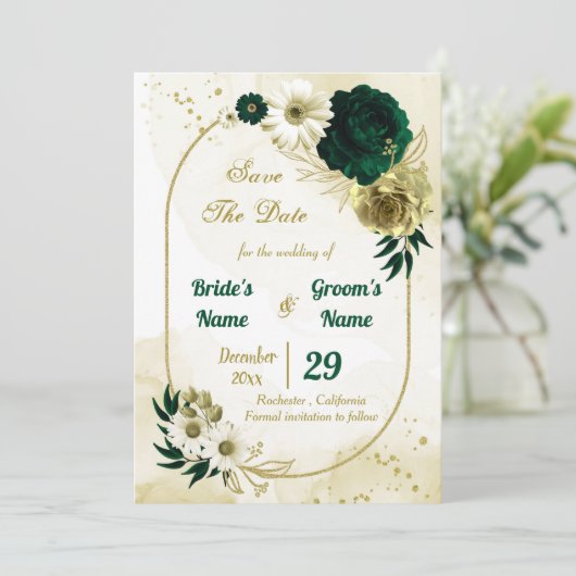 Phantastische smaragdgrüne Elfenbeingold Blume geo Save The Date (Stehend Vorderseite)