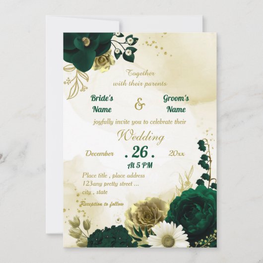 Phantastische Smaragdgrüne Elfenbeingoldverheiratu Einladung (Vorderseite)