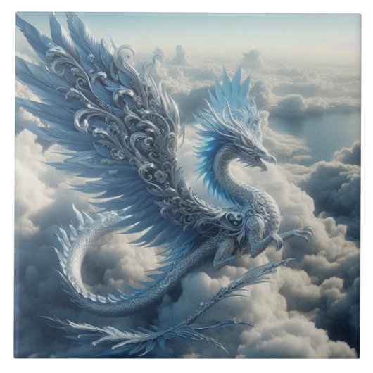 Phantastischer Drache umgeben von Wolken Fliese (Vorderseite)