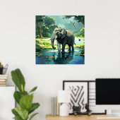 Phantastischer Elefant im Fluss mit Vogelmalerei Poster (Heimbüro)