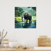 Phantastischer Elefant im Fluss mit Vogelmalerei Poster (Küche)