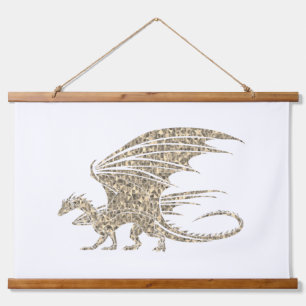 Phantastischer Goldener Mosaikdrache Wandteppich Mit Holzrahmen