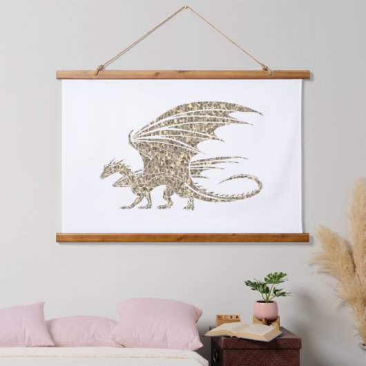 Phantastischer Goldener Mosaikdrache Wandteppich Mit Holzrahmen (Schlafzimmer)