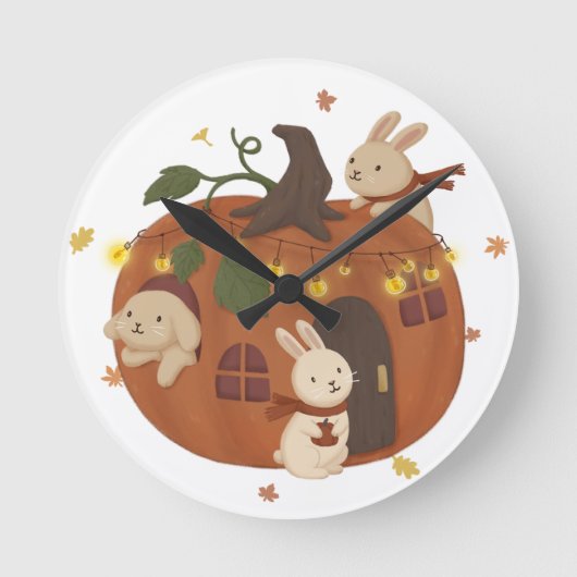 Phantastischer Herbst: Bunny & Pumpkin Runde Wanduhr (Vorderseite)