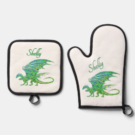 Phantastischer Mosaik Grüner Drache Persönlich Ofenhandschuh & Topflappen-Set