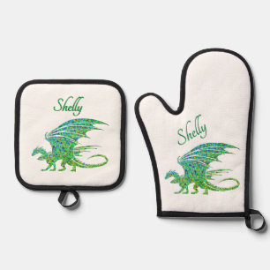 Phantastischer Mosaik Grüner Drache Persönlich Ofenhandschuh & Topflappen-Set