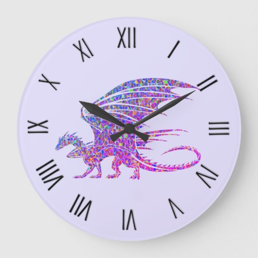 Phantastischer Mosaikdrache Lila römische Zahlen Große Wanduhr (Vorderseite)