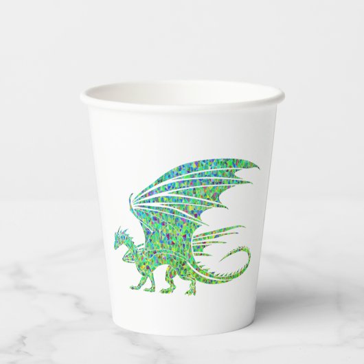 Phantastischer Mosaikgrüner Drache Pappbecher (Rückseite)