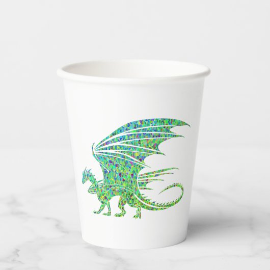 Phantastischer Mosaikgrüner Drache Pappbecher (Vorderseite)