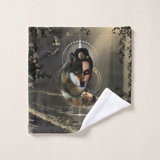 Phantastischer Wolf mit Fee Badhandtuch Set (Waschlappen)