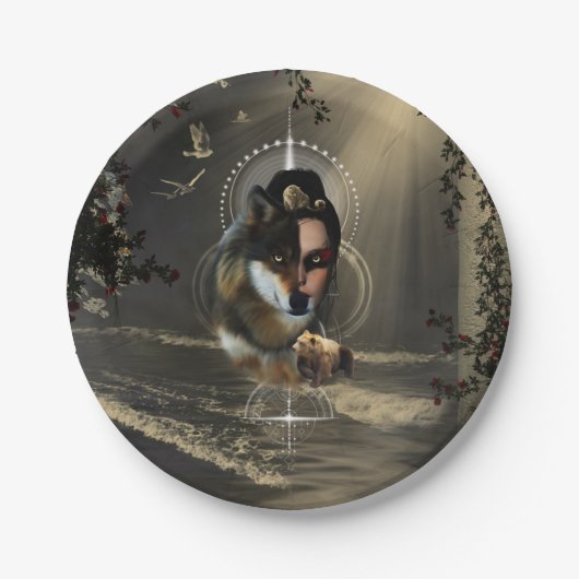 Phantastischer Wolf mit Fee Pappteller (Vorderseite)