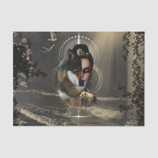 Phantastischer Wolf mit Fee Seidenpapier (Vorderseite)