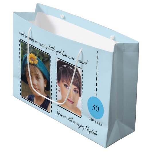Phantastisches 30. Geburtstagsdatum blau Große Geschenktüte (Vorderseite Schrägansicht)