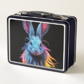 Phantastisches Blaues Kaninchen am Feuer Metall Brotdose (Rückseite)