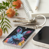 Phantastisches Blaues Kaninchen am Feuer Schlüsselanhänger (Vorderseite rechts)