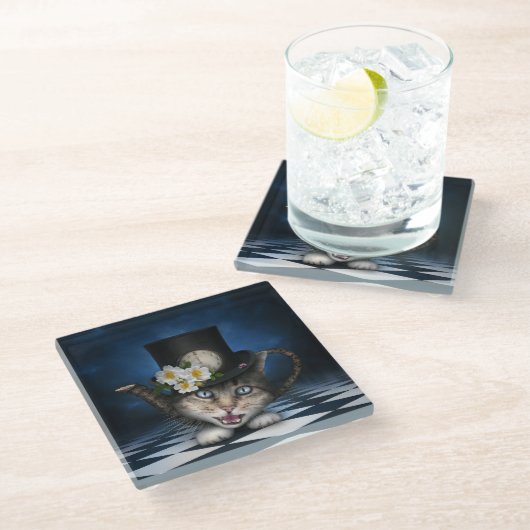 Phantastisches Mad Hatter Teapot Kat Whimsisches D Glasuntersetzer (Schrägansicht)