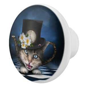 Phantastisches Mad Hatter Teapot Kat Whimsisches D Keramikknauf