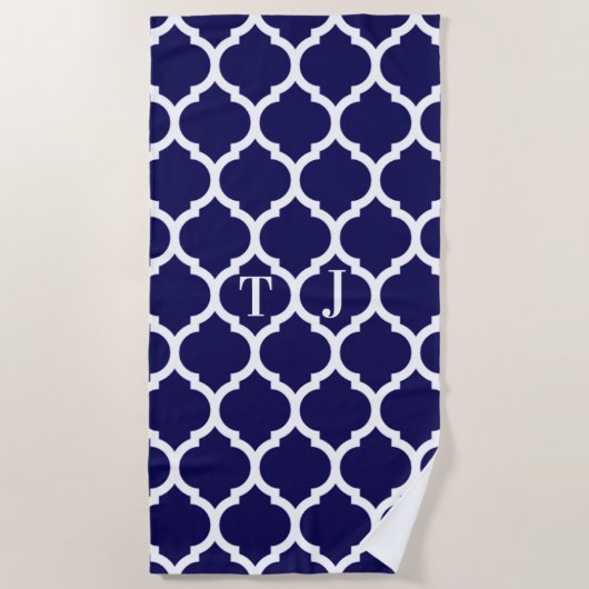 Phantastisches Navy Blue Quatrefolienmuster Monogr Strandtuch (Vorderseite)