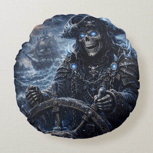 Phantom Skull Captain at the Helm – Blue Storm Got Rundes Kissen (Vorderseite)
